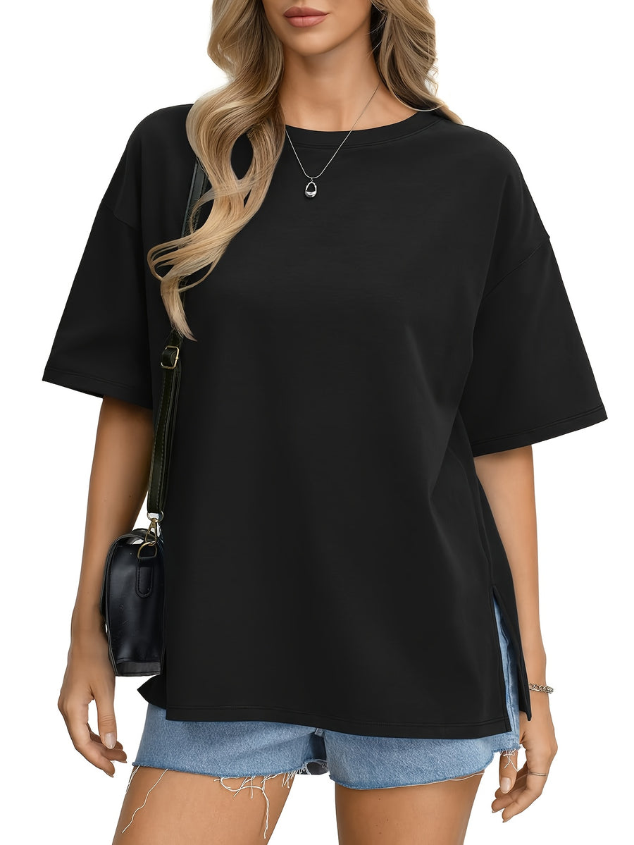 Oversized Women's Comfortable Basic Shirt with Round Neck, Casual Side Slit Top, Fashionable Loose Fit Short Sleeve T-Shirt - Black