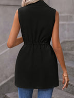 New Women'S Spring And Autumn Casual Elegant Crisp Version with Drawstring at The Waist, No Buttons, Sleeveless Trench Coat - Black