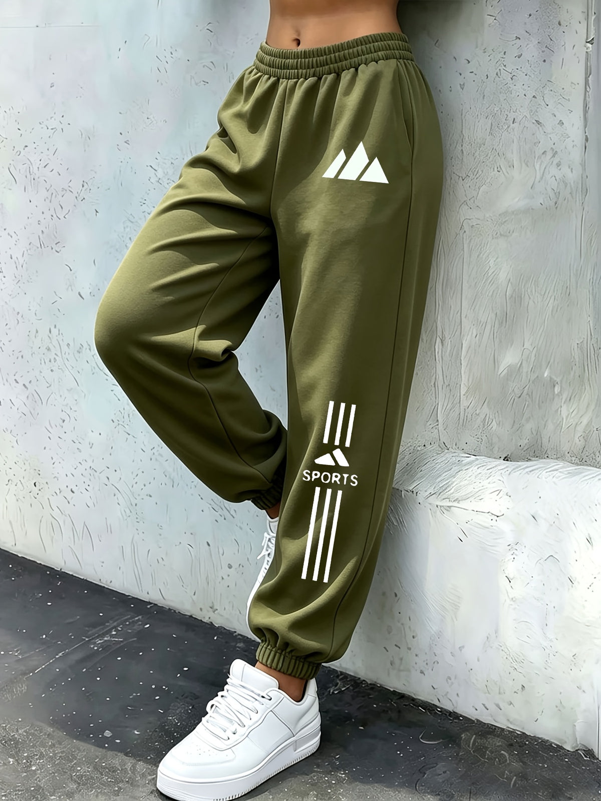 High-Waist Ankle-Cinching Sweatpants, Mountain Peak Print, Vertical Stripes on Both Sides of Legs, Elastic Cuffs Suitable for And Commuting - Military Green