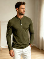 Men Spring Autumn Textured Mandarin Collar Henley 5-button Long Sleeve Top. Slim Soft Breathable Wrinkle-resistant Long Tee for Daily Business Commute & Casual Wear. - Tactical Green