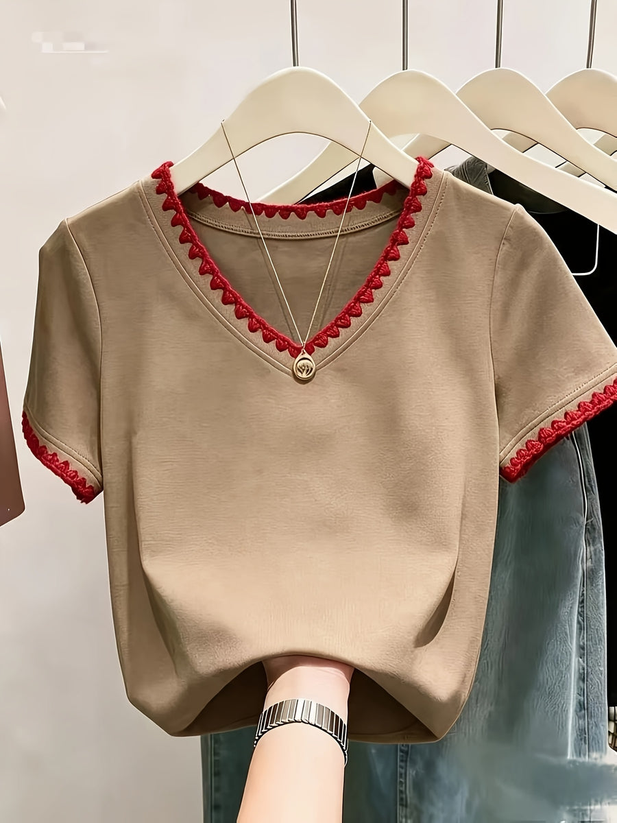 XXFL Directional Style Summer Regular Shoulder V-Neck Color-Block Fashion Versatile Short-Sleeve Top T-Shirt - Khaki