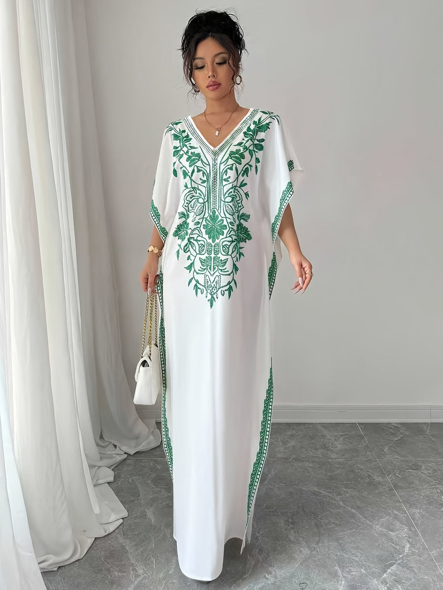 Women'S Summer Elegant Casual Robe, Floral Print V-Neck, Slit Long Dress - Green