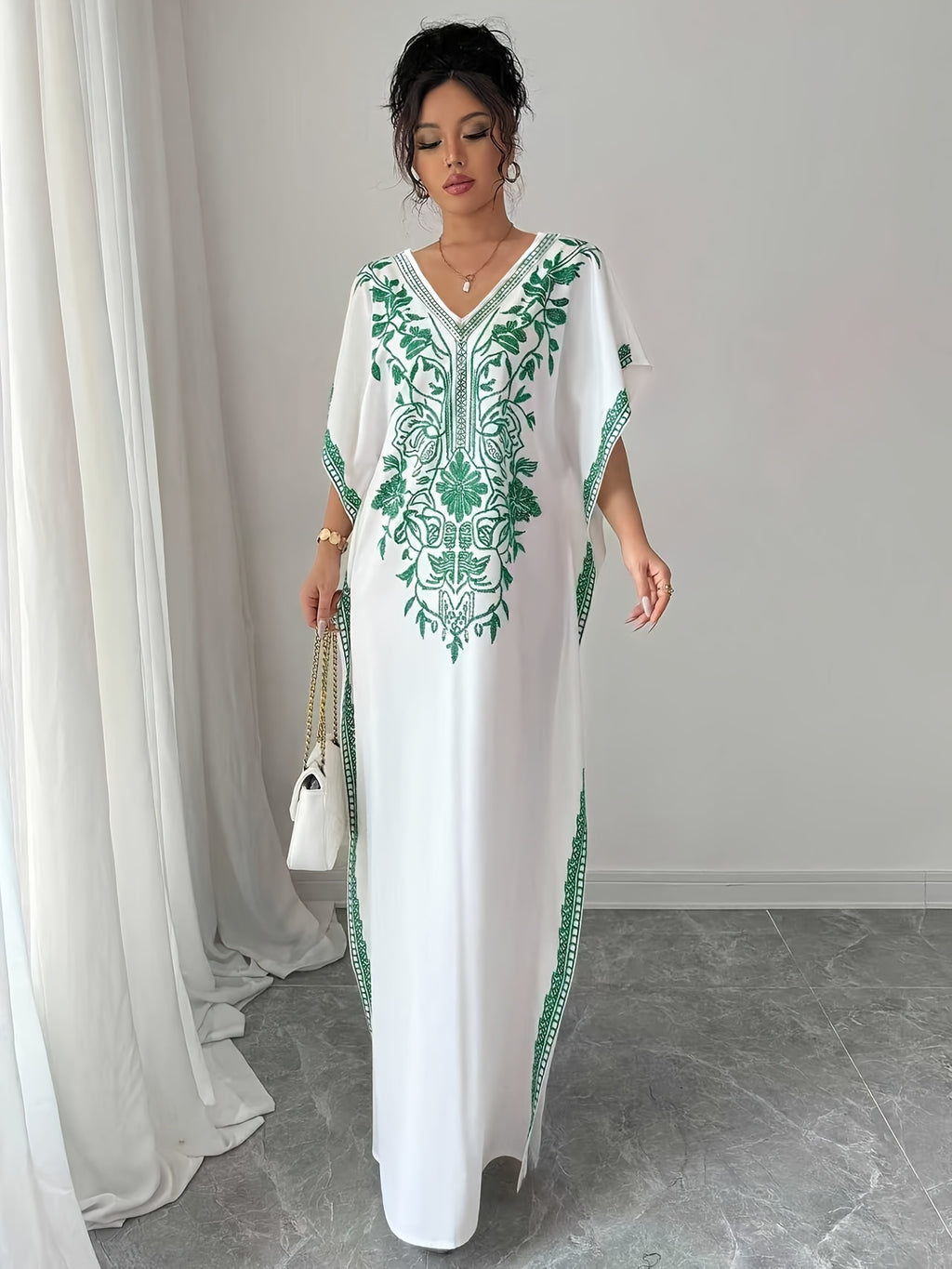 Women'S Summer Elegant Casual Robe, Floral Print V-Neck, Slit Long Dress - Green