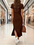 Two Logo Midi Dress with Side Slit - Stylish And Comfortable for Women - Coffee Brown