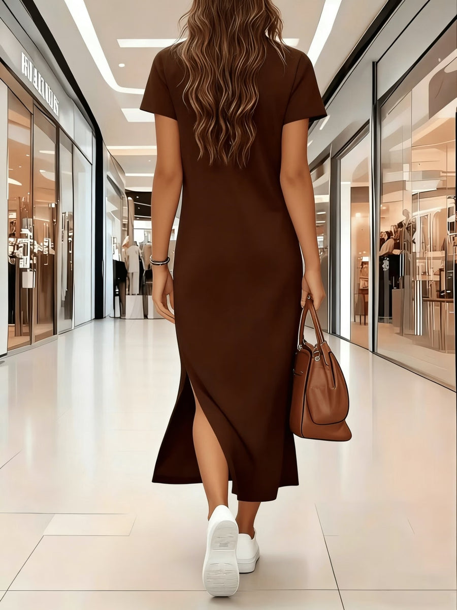 Two Logo Midi Dress with Side Slit - Stylish And Comfortable for Women - Coffee Brown