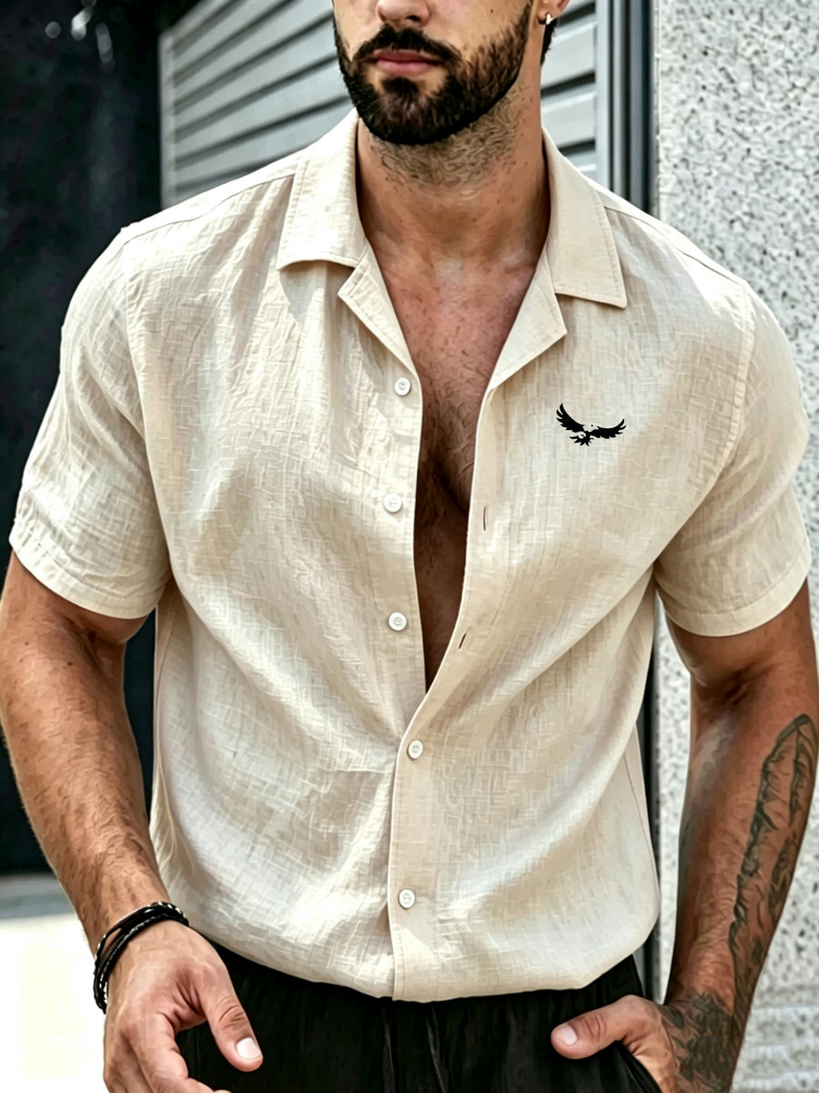 Old Money Style Men's Cuban Collar Short Sleeve Shirt, Linen Texture, Lightweight and Breathable Outdoor Casual Shirt - Apricot