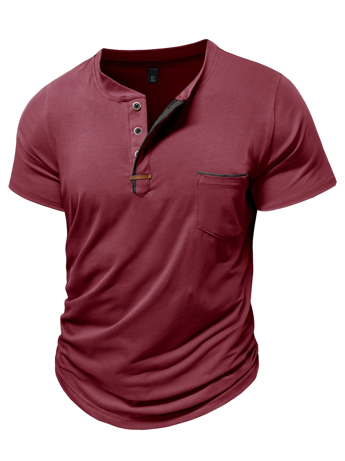 Fashion Men's Summer Short-sleeve T-shirt, Casual Round-neck Henley Shirt with Pocket - Burgundy