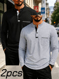 2pcs Men's Stand Collar Long Sleeve Henley Shirt, Casual Half-Button T-Shirt with Pockets, Lightweight and Breathable Stand Collar Pullover Top, Suitable for Daily, Office, and Outdoor Scenes - Black+light Gray