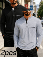 2pcs Men's Stand Collar Long Sleeve Henley Shirt, Casual Half-Button T-Shirt with Pockets, Lightweight and Breathable Stand Collar Pullover Top, Suitable for Daily, Office, and Outdoor Scenes - Black+light Gray