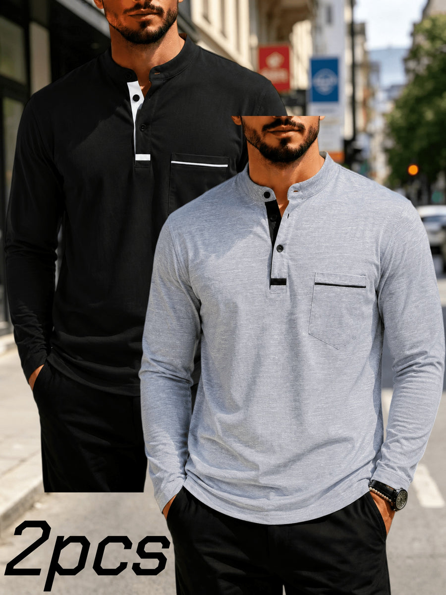 2pcs Men's Stand Collar Long Sleeve Henley Shirt, Casual Half-Button T-Shirt with Pockets, Lightweight and Breathable Stand Collar Pullover Top, Suitable for Daily, Office, and Outdoor Scenes - Black+light Gray