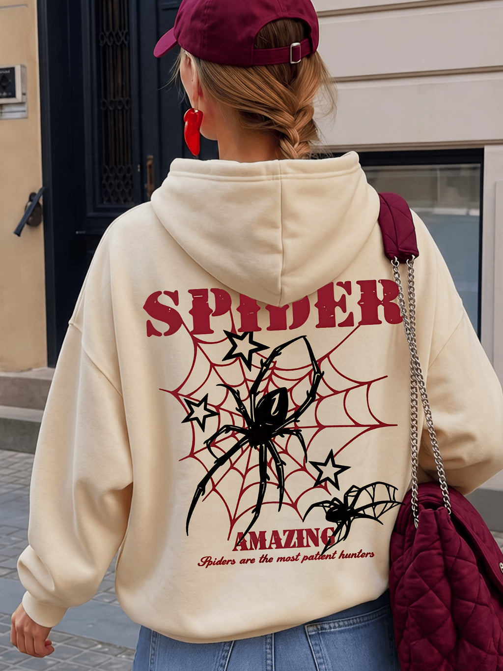 Spider Web Star Print Hooded Sweatshirt Women'S Retro Distressed Back Pattern Long Sleeve Pullover Hoodie - Apricot