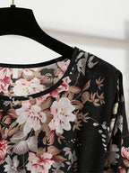Bohemian Print Casual Party Long Dress with Ruffle Hem, Round Neck, Elastic Waist, and A-Line Silhouette - Black