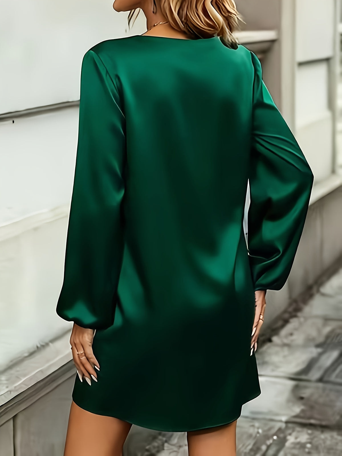 New Section Versatile Easy High-End Elegant V-Neck Solid Color Dress - Dark Green
