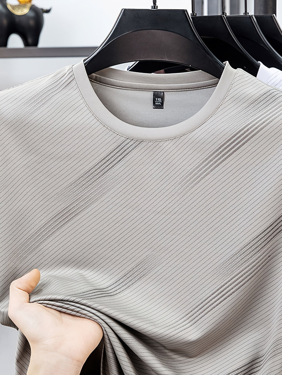 Men's Breathable Mesh Short Sleeve T-Shirt - Lightweight Non-Stick Summer Shirt Suitable for Business Casual & Casual Attire, Round Neck Striped Style (No Belt) for Office, Travel, Layering - Non- Round Neck - Khaki