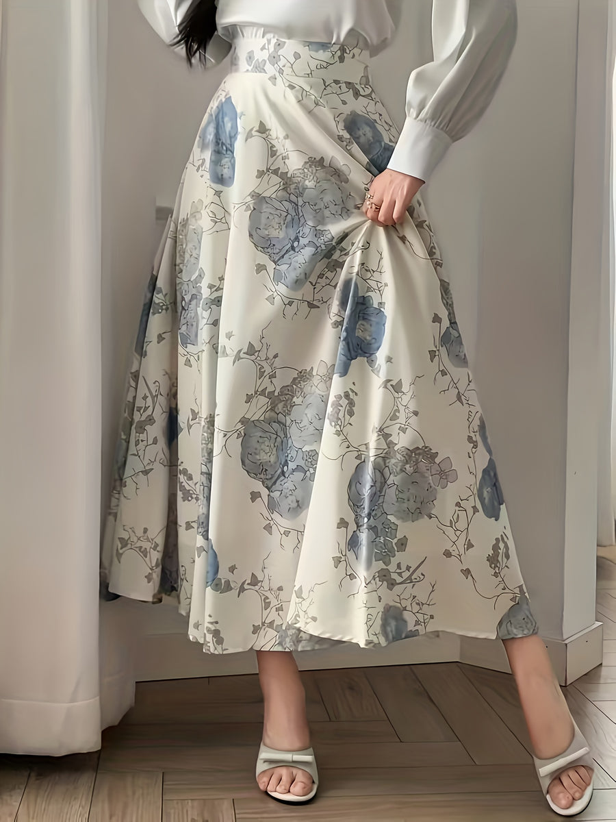 BK0902048 French-Style High-Waisted Long Skirt, Elegant Women'S Chiffon Skirt, Flared A-Line Dress, Blue Floral Print Skirt, Lightweight And Airy for Spring And Summer - Mixed colors