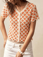 Women's Summer Casual Elegant Hollow-Out Top, V-Neck Ruffle Short Sleeve Button Waist Elastic Sweet Minimalist Fashion T-Shirt, Suitable for Travel, Vacation, Commute, Beach, Date, And Daily Wear - Orange