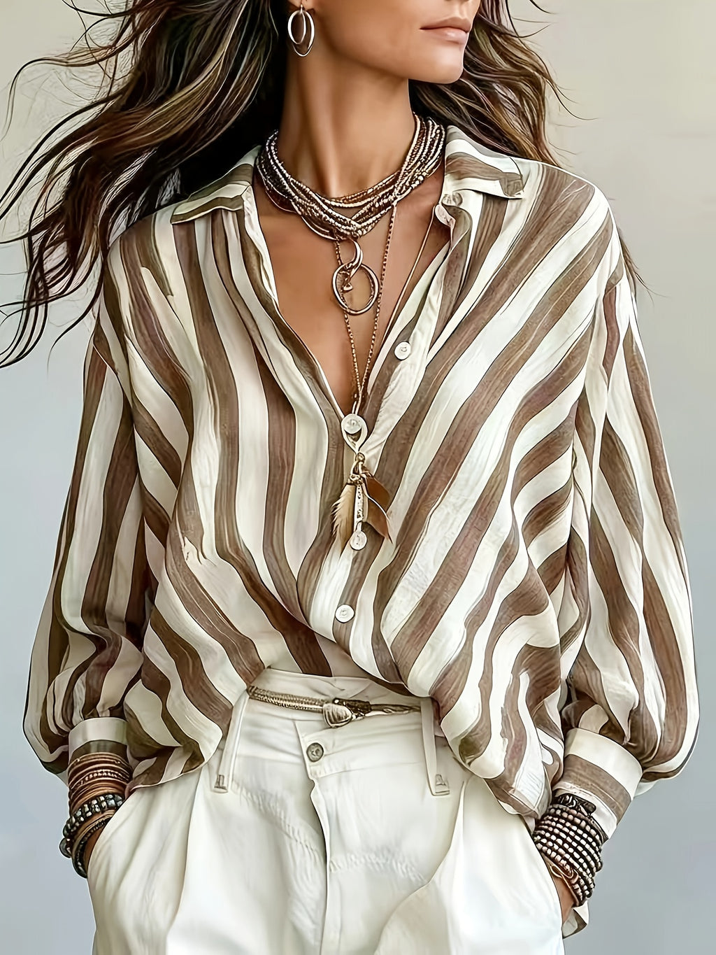 New Spring/Summer Vintage Striped Long-Sleeve Women's Chiffon Shirt, Loose Holiday Style Beach Top, Daily Casual Commuter Chiffon Blouse - Khaki