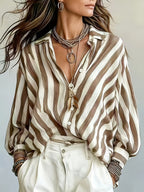 New Spring/Summer Vintage Striped Long-Sleeve Women's Chiffon Shirt, Loose Holiday Style Beach Top, Daily Casual Commuter Chiffon Blouse - Khaki