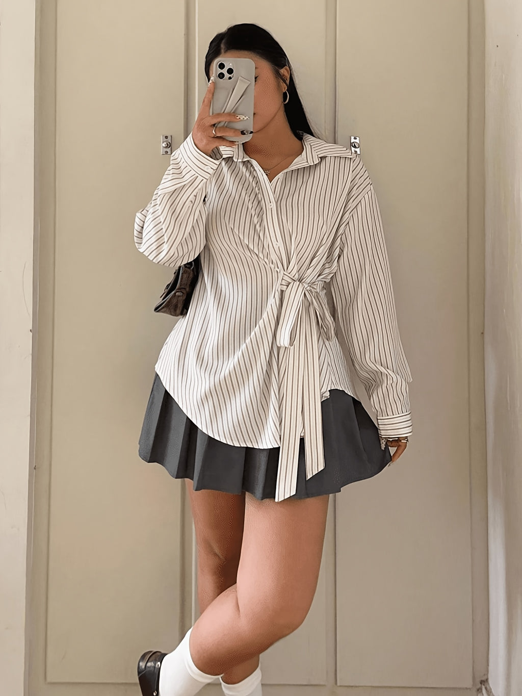 Plus Size - Spring/Autumn New French Premium Sense Striped Irregular Waist Tie Shirt - Off-white