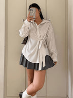 Plus Size - Spring/Autumn New French Premium Sense Striped Irregular Waist Tie Shirt - Off-white