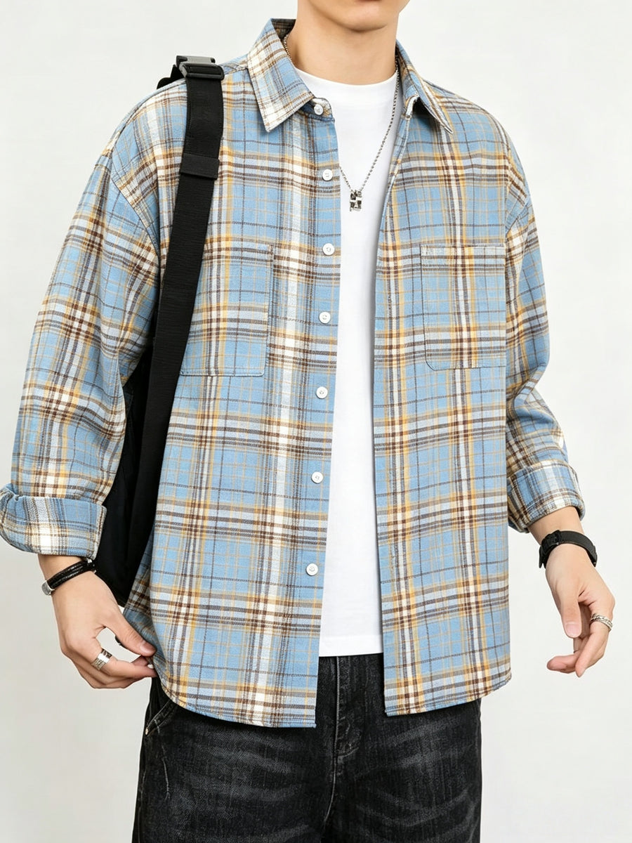 Men'S Casual Plaid Long Sleeve Shirt, Lapel Button-Up Shirt, Double Pocket Design, Classic Checkered Pattern, Twill Fabric, Comfortable And Breathable, Suitable for Spring And Autumn, Casual Outing, Men'S Dress Shirt, Men'S Shirt, Casual Business - Blue And Yellow Grid