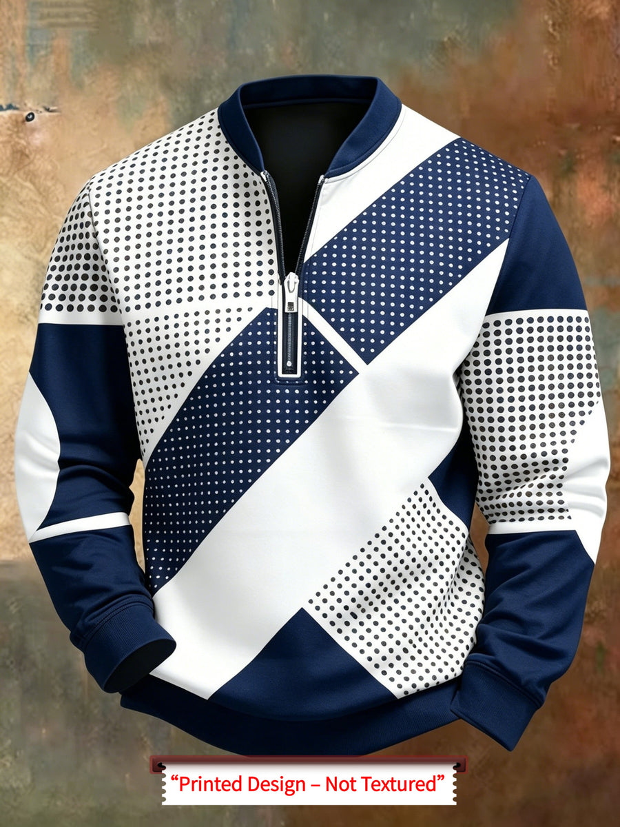 Men'S Autumn Winter Polo Zipper Sweatshirt, Classic Trendy New Half-Zip POLO Sweatshirt, American Retro Geometric Color-Block Print, Polo Stand Collar, Machine Washable, Daily Casual Party Outdoor Essential, Fashionable Long Sleeve Athletic Top - Multicolor 7