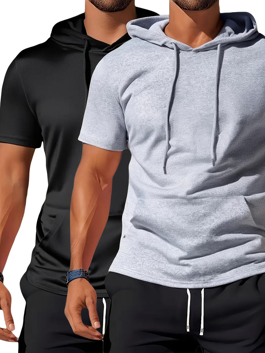 2pcs Men's Stylish Versatile Hooded Short-Sleeve T-Shirt with Kangaroo Pocket, Quick-Dry Breathable Casual Sportswear for Outdoor Fitness and Jogging - Mixed Color 1