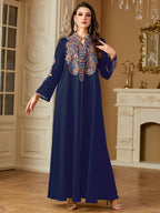 Middle Eastern Ramadan Fashion Beaded Rope Embroidery V-Neck Long Sleeve Dress - Navy Color