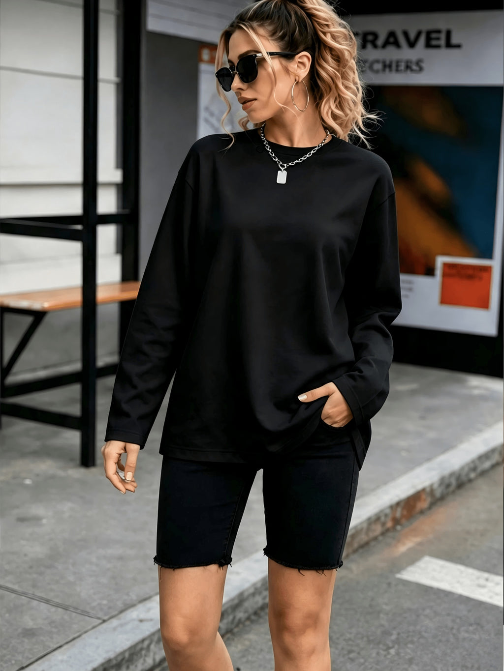 2pcs Women's Y2K Oversized Round Neck T-Shirts - Soft Loose Fit Solid Color Basic, Medium Stretch Suitable for Daily Commuting, Layering & Streetwear, Machine Washable Spring/Autumn Wardrobe - Black + Black