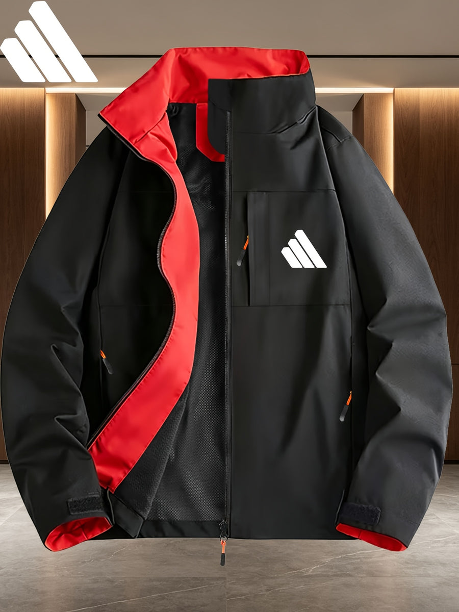 Minimalist Three-Slash Pattern Contrast Lining Full-Zip Stand Collar Windproof Jacket, Unisex Spring/Autumn White Multi-Pocket Outdoor Windbreaker - Black