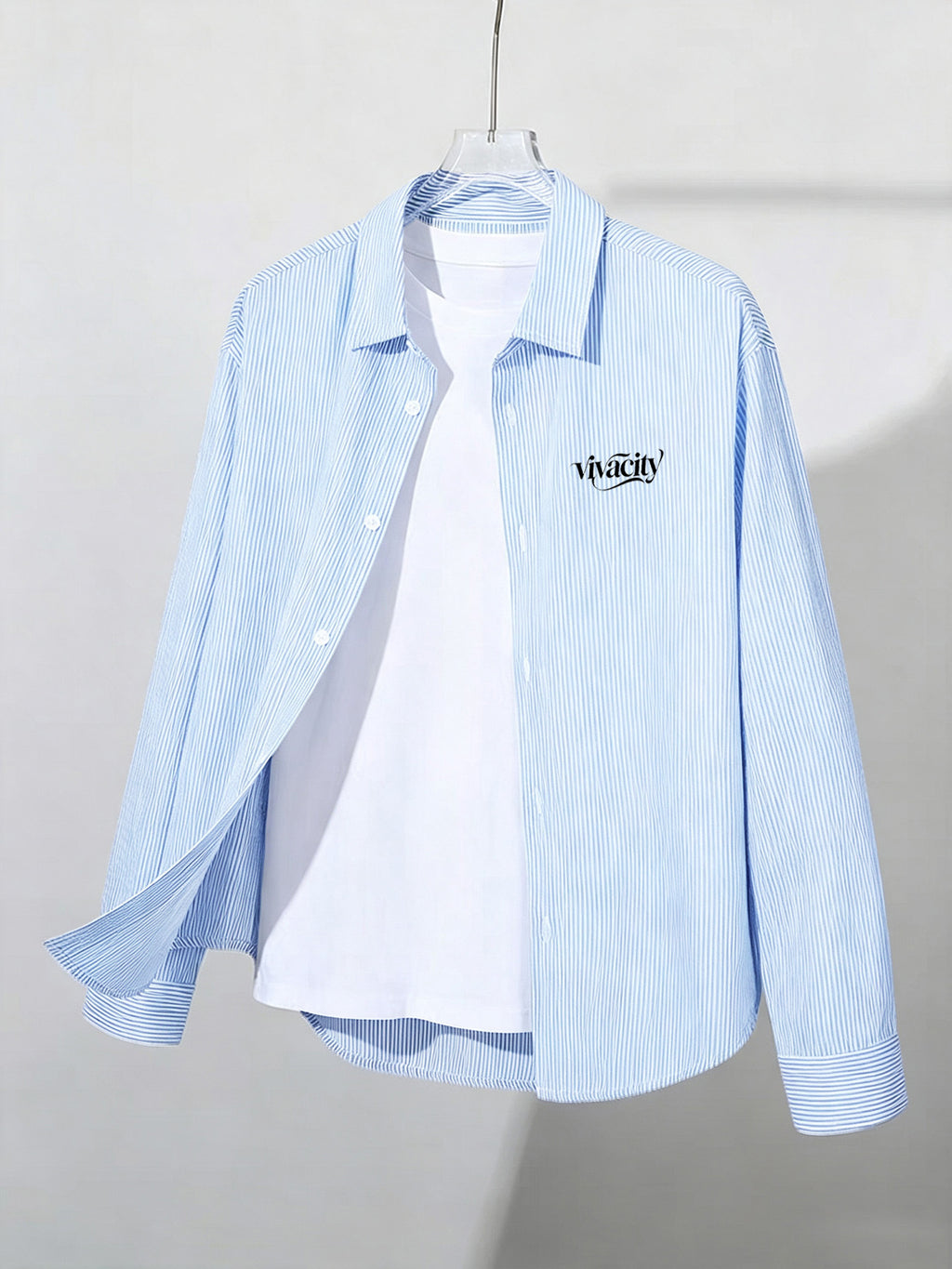 Spring/Autumn Thin All-Match Basic Letter Print Multi-Color Optional Long Sleeve Thin Striped Casual Outerwear Shirt - Sky Blue