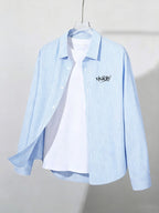 Spring/Autumn Thin All-Match Basic Letter Print Multi-Color Optional Long Sleeve Thin Striped Casual Outerwear Shirt - Sky Blue