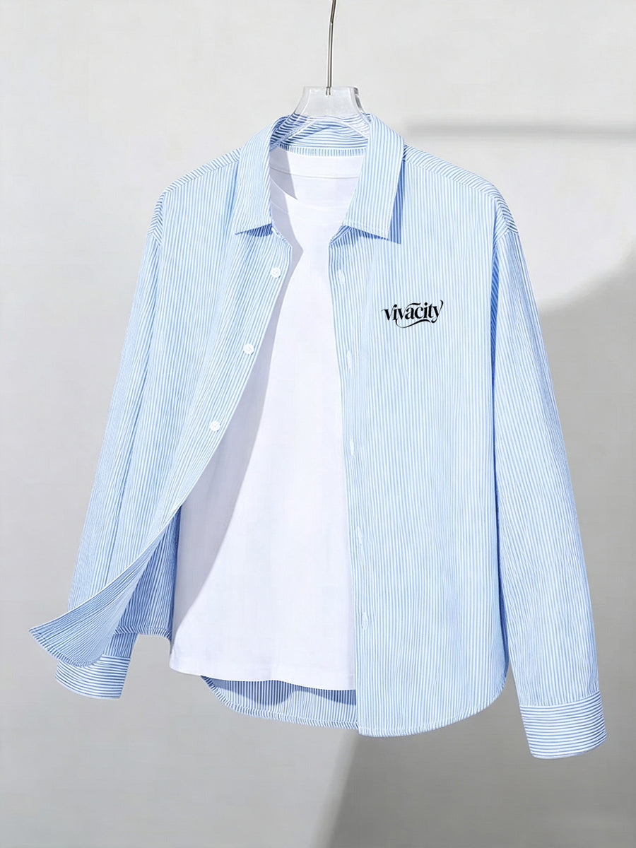 Spring/Autumn Thin All-Match Basic Letter Print Multi-Color Optional Long Sleeve Thin Striped Casual Outerwear Shirt - Sky Blue