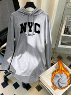 Mid-Length Hooded Sweatshirt for Women, Loose Hip-Covering Letter Print Drawstring Pullover Top - Light Grey