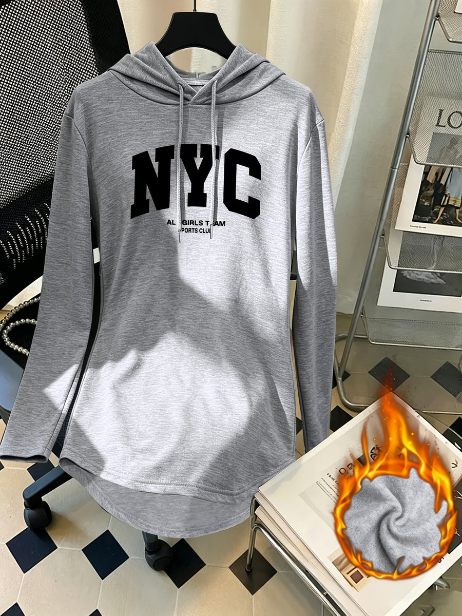 Mid-Length Hooded Sweatshirt for Women, Loose Hip-Covering Letter Print Drawstring Pullover Top - Light Grey