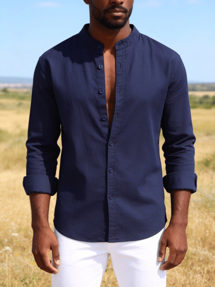 26-Year-Old Men'S New Small Stand-Up Collar Long-Sleeve Shirt, Classic Solid Colors And Multi-Colors Available. Soft, Breathable, Loose Fit for Men, Versatile Shirt for Daily Leisure - Navy Color