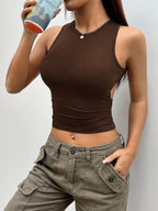 Women's Elegant Backless Sleeveless Knit Vest - High Elasticity Round Neck Solid Color Stretchy Top, Machine Washable for Spring Summer Fall Casual & Formal Wear, Easycare Clothing - Olive Brown