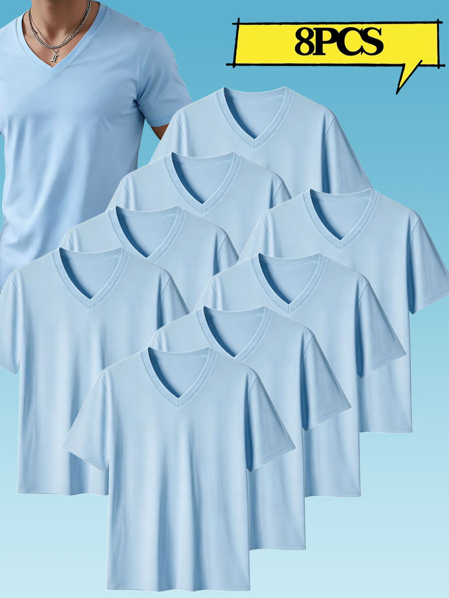 8pcs Men's Casual Knit Ribbed V-Neck T-Shirt / Soft and Comfortable Fabric / Short Sleeve / Solid Color / Crew Neck / Back-to-School Season, Casual Sporty Design Top, Multiple Colors Available, Suitable for Summer Daily Wear - 8-piece Sky Blue