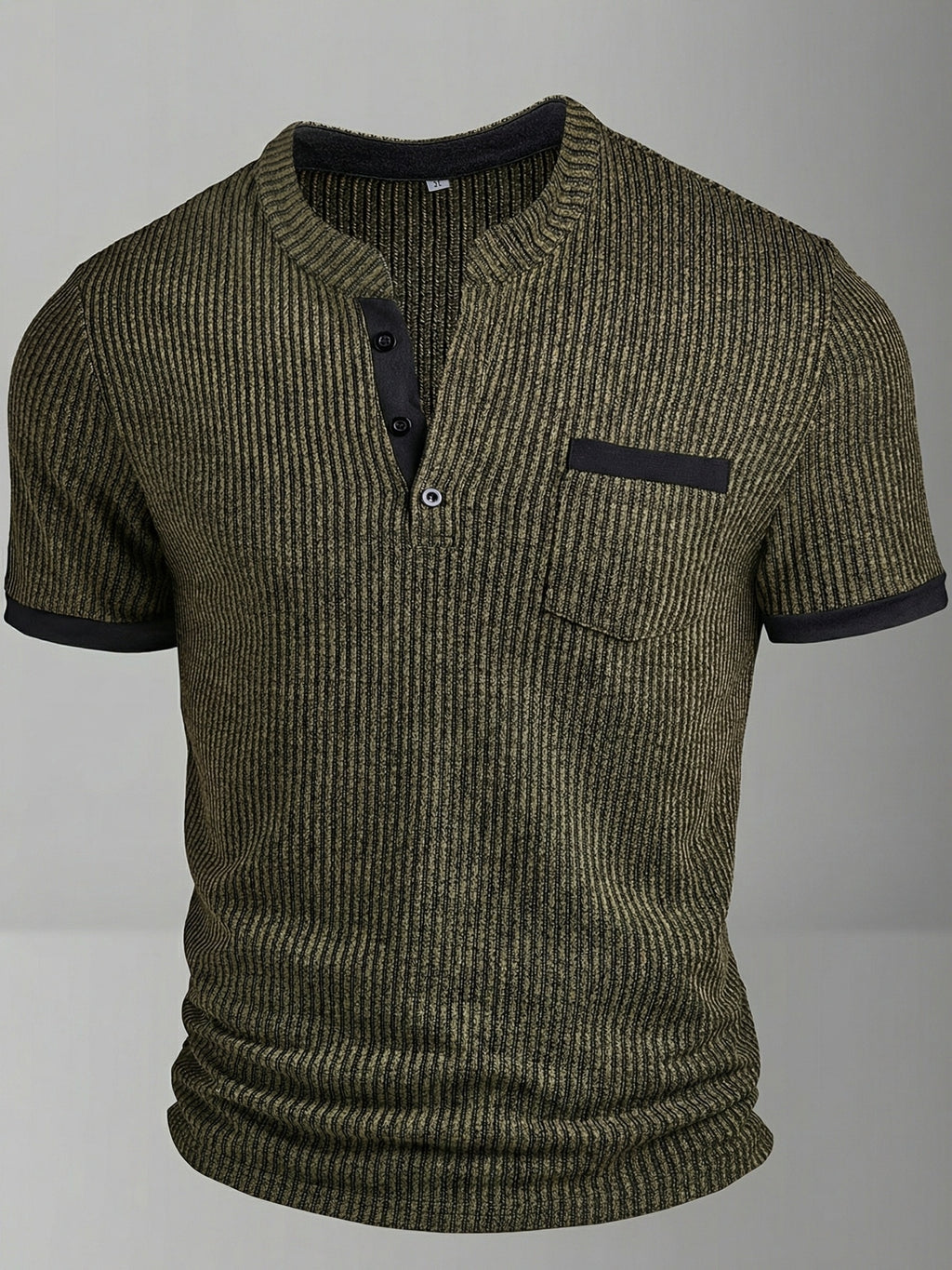ROYALBOY Spring New Men's Casual Fashion Textured Two-Tone Striped Henley Shirt - Short Sleeve, Stand Collar, Suitable for Casual Outdoor Wear, Machine Washable, 100% Polyester Durable Wear-Resistant Fabric - Olive Green
