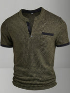 ROYALBOY Spring New Men's Casual Fashion Textured Two-Tone Striped Henley Shirt - Short Sleeve, Stand Collar, Suitable for Casual Outdoor Wear, Machine Washable, 100% Polyester Durable Wear-Resistant Fabric - Olive Green