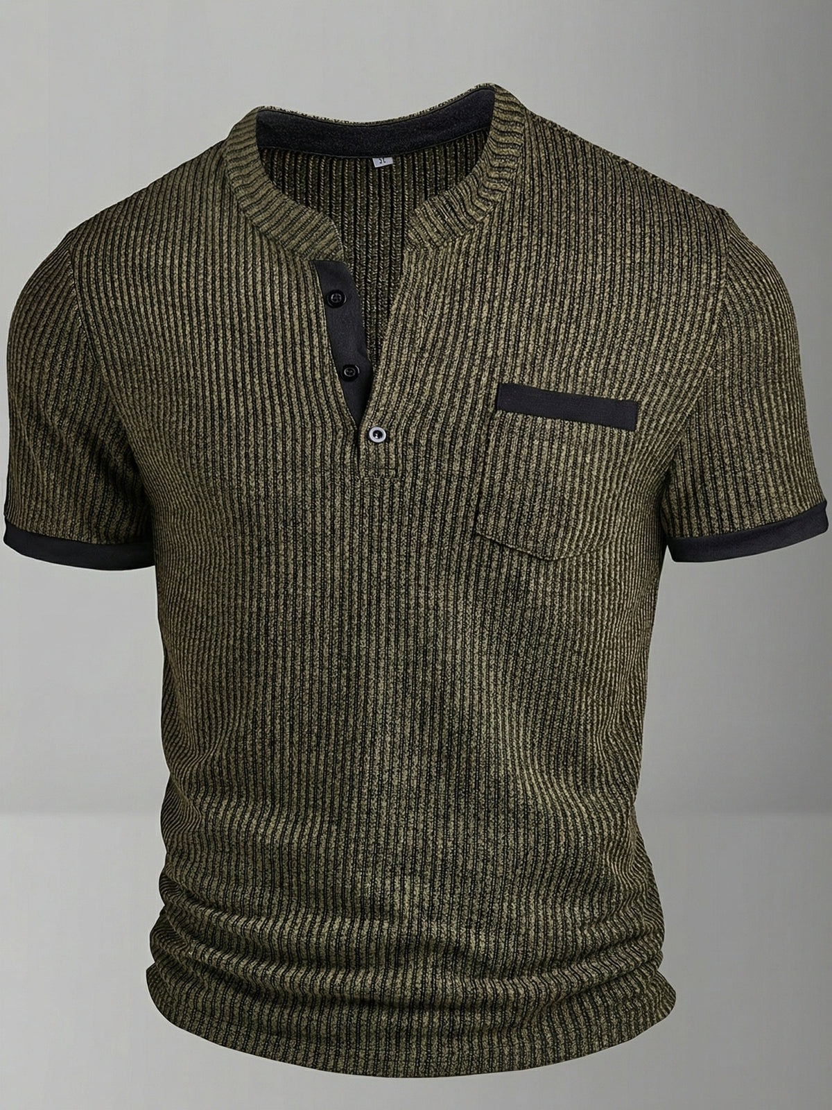 ROYALBOY Spring New Men's Casual Fashion Textured Two-Tone Striped Henley Shirt - Short Sleeve, Stand Collar, Suitable for Casual Outdoor Wear, Machine Washable, 100% Polyester Durable Wear-Resistant Fabric - Olive Green