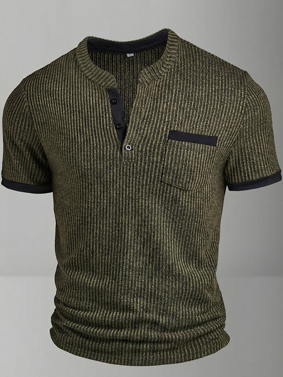 ROYALBOY Spring New Men's Casual Fashion Textured Two-Tone Striped Henley Shirt - Short Sleeve, Stand Collar, Suitable for Casual Outdoor Wear, Machine Washable, 100% Polyester Durable Wear-Resistant Fabric - Olive Green