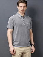Mid-Age Men'S Washed Distressed Vintage T-Shirt Polo Shirt Top Solid Casual Top British Style with Pocket - Silvery Grey