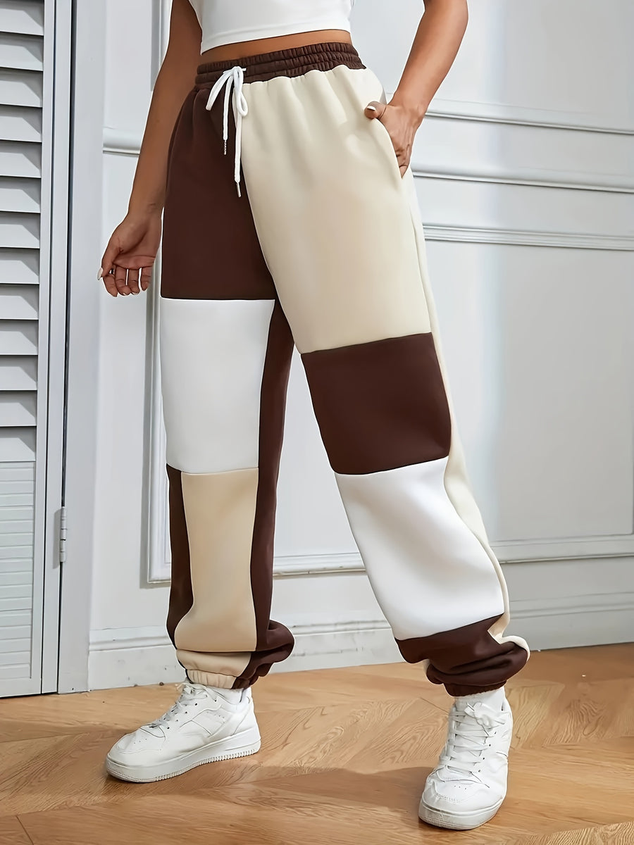 Plus Size, August 26th -developed Plus-size Color-blocked Wide-leg Pocket Casual Jogger Pants - Dark Brown
