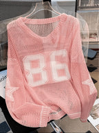 Plus Size - Plus Size - Plus Size Sweater Women'S Oversized Number Print Sweatshirt, Casual Loose Fit Elegant Shirt, Summer Couple Style for Daily Wear, Casual Outing, Beach Vacation - Pink Color