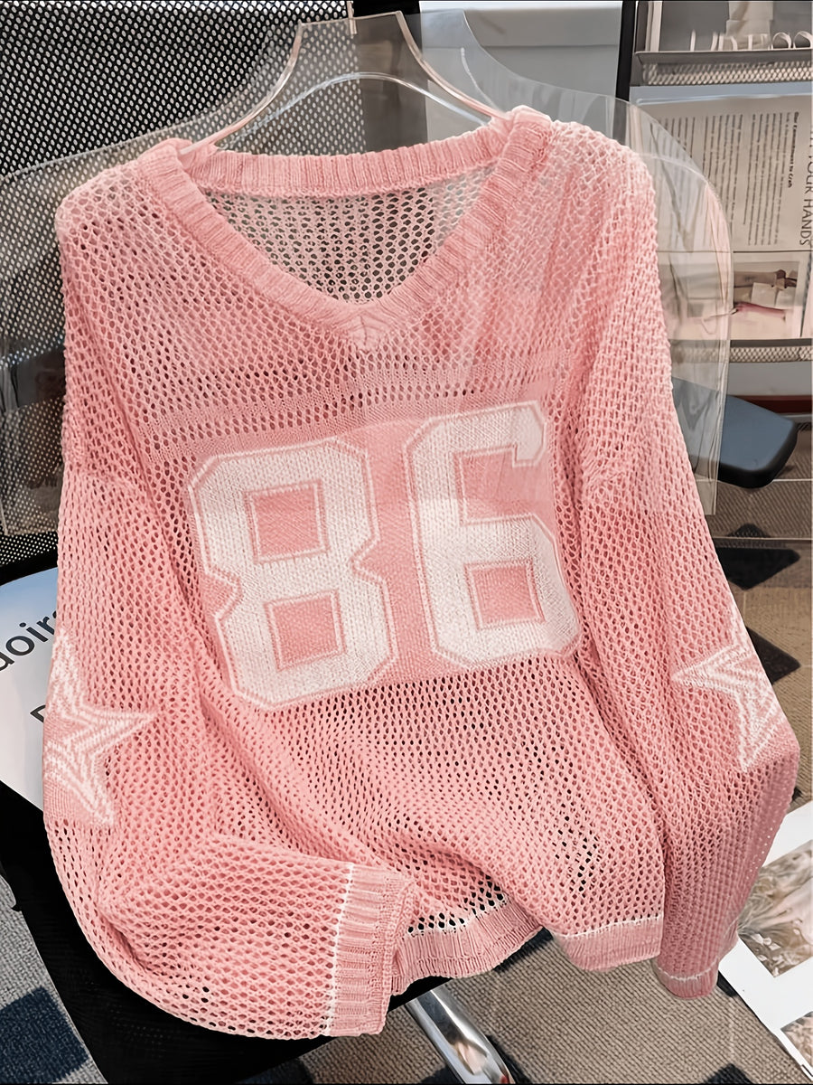 Plus Size - Plus Size - Plus Size Sweater Women'S Oversized Number Print Sweatshirt, Casual Loose Fit Elegant Shirt, Summer Couple Style for Daily Wear, Casual Outing, Beach Vacation - Pink Color