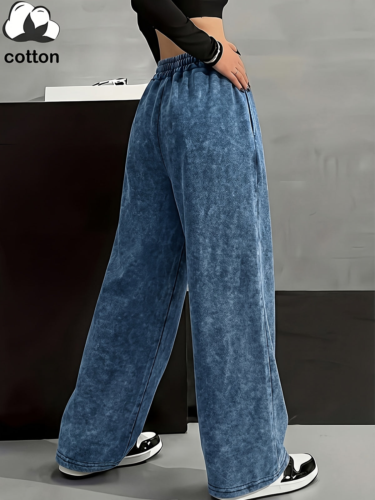 Women's High-Waisted Wide-Leg Pants | Wide-Leg Trousers with "Brooklyn New York" Print | Washed Elastic Drawstring Street Style Pants - Navy Color