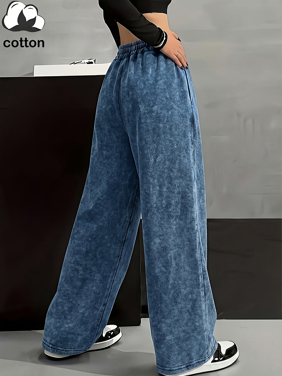 Women's High-Waisted Wide-Leg Pants | Wide-Leg Trousers with "Brooklyn New York" Print | Washed Elastic Drawstring Street Style Pants - Navy Color