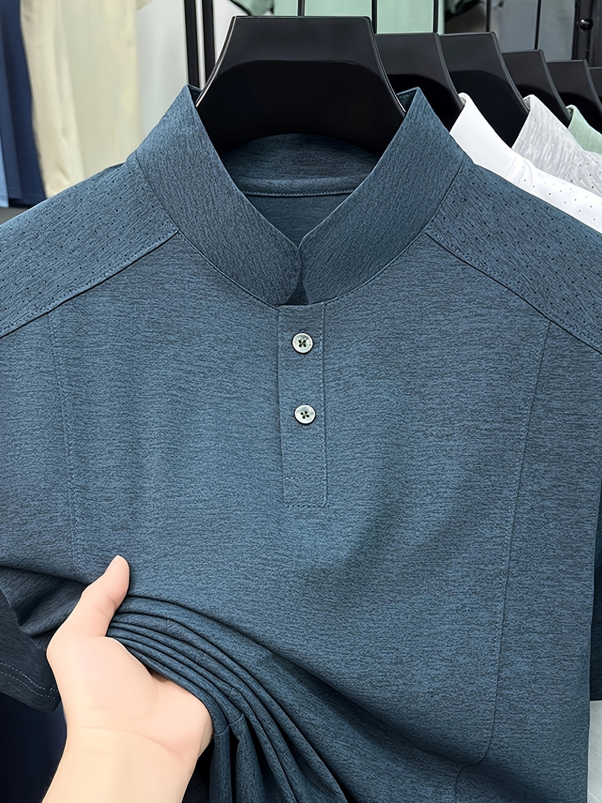 Men's Summer Short-Sleeve Stand Collar T-Shirt - Breathable Small Base Layer Shirt, Solid Color Business Casual Top Suitable for Daily Work Wear, Machine Washable & Dry Cleanable, Asymmetrical Hem - Cyan