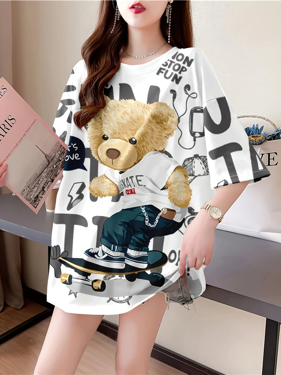New Summer Fashion Plus-Size Women'S Loose-Fitting Mid-Length Cartoon Short-Sleeve T-Shirt - White